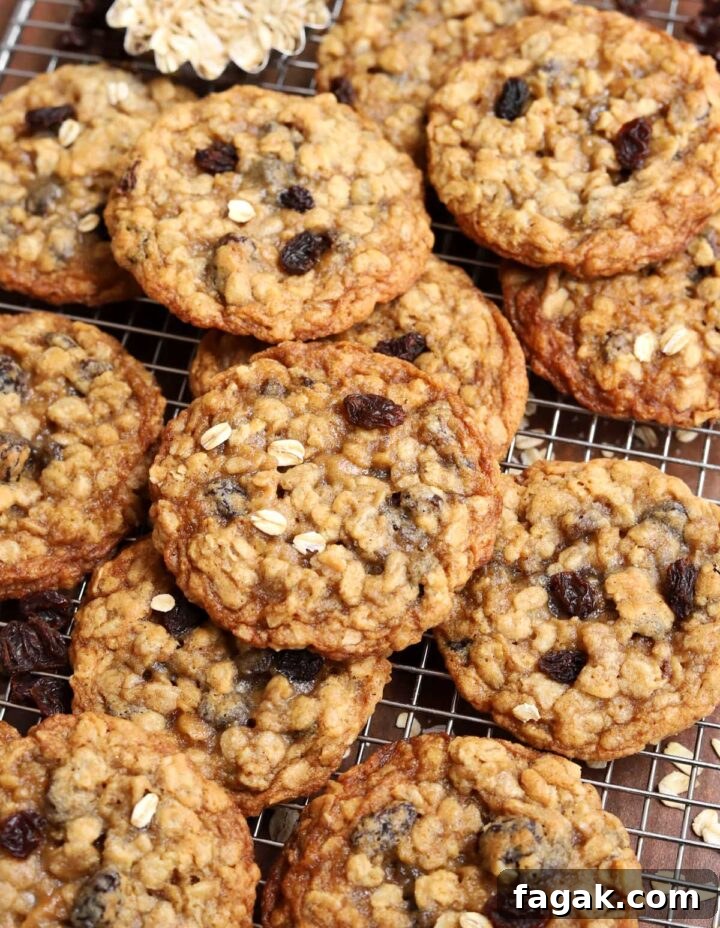 chewy oatmeal raisin cookies piled up on a cooling rack