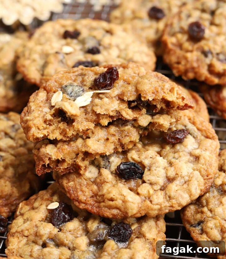 chewy oatmeal raisin cookies broken in half and stacked