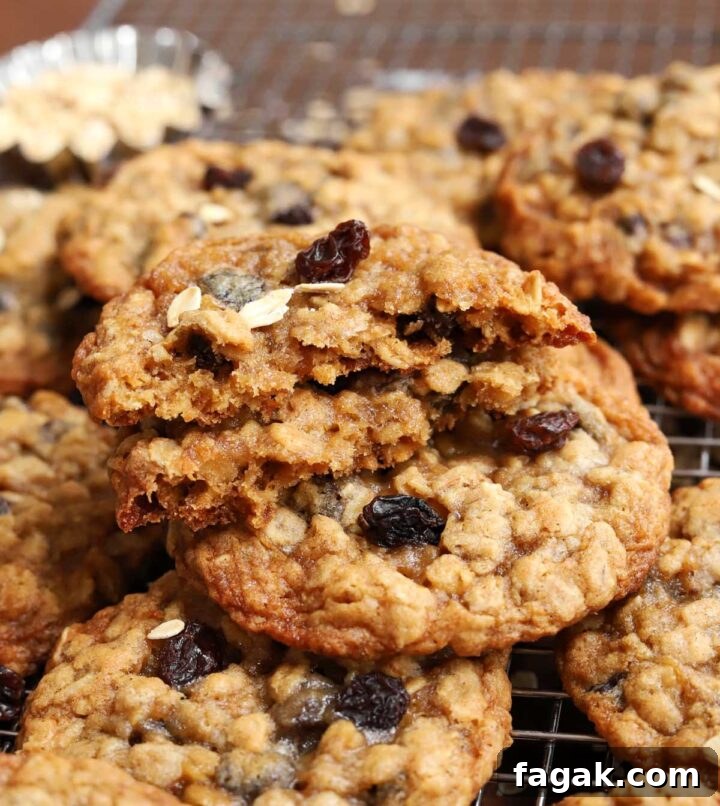 chewy oatmeal raisin cookies broken in half and stacked