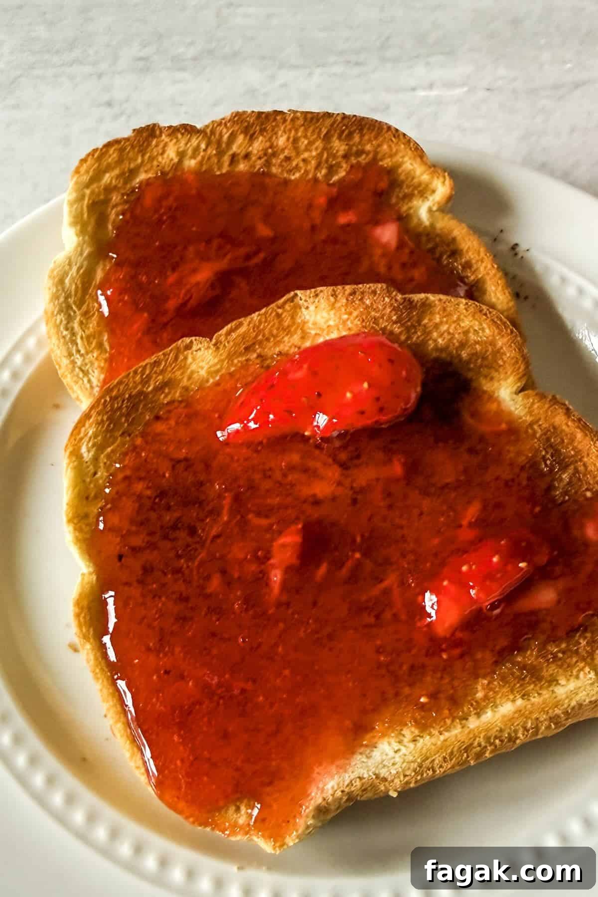 Strawberry freezer jam spread on toast.