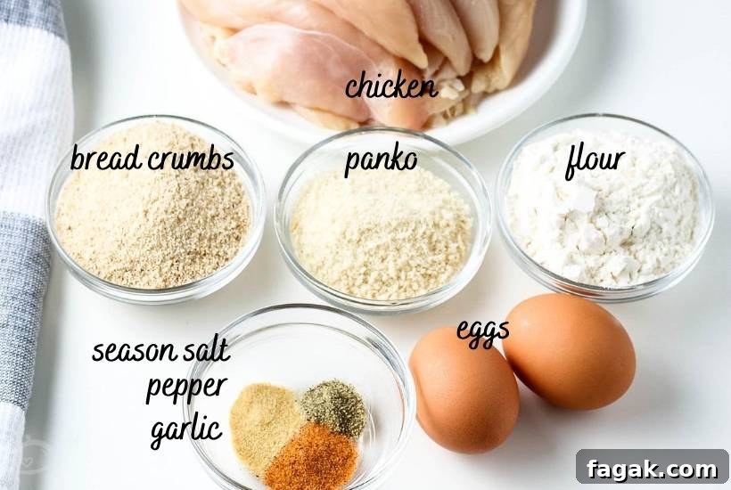labeled ingredients for chicken strips on white background