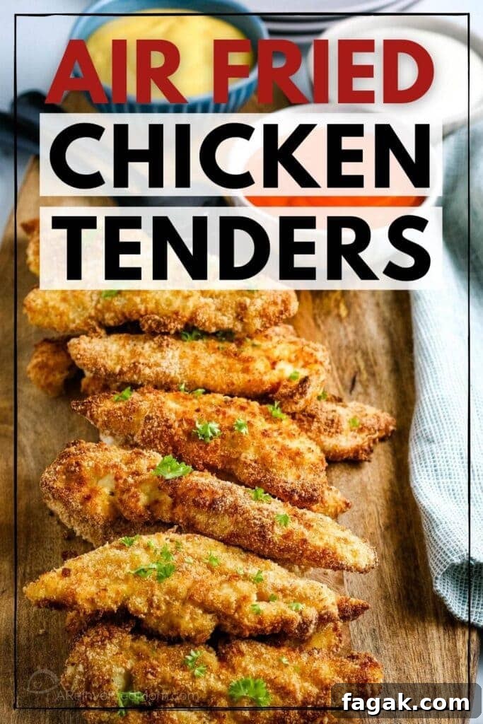 crispy air fried chicken tenders on a wood cutting board with text overlay
