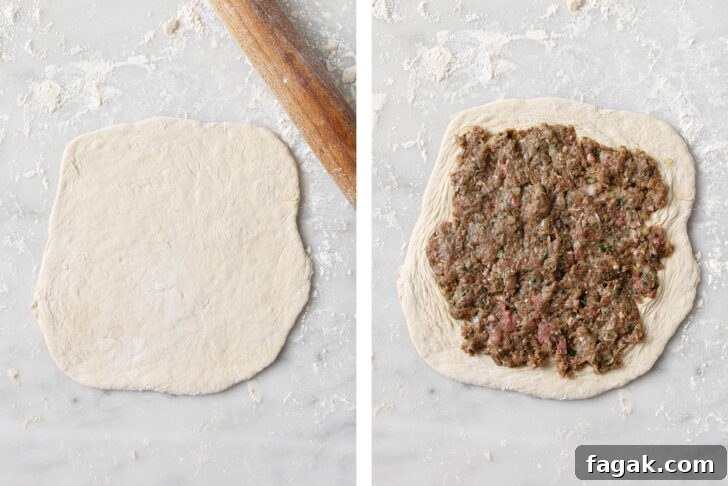 Foolproof Keema Naan Recipe: Step-by-Step Guide for Perfect Stuffed Bread 10 Rolling out dough and spreading Keema mixture on rolled out dough.