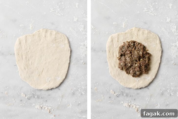 Foolproof Keema Naan Recipe: Step-by-Step Guide for Perfect Stuffed Bread 12 Rolling out one portion of dough and Keema placed in middle of rolled out dough.