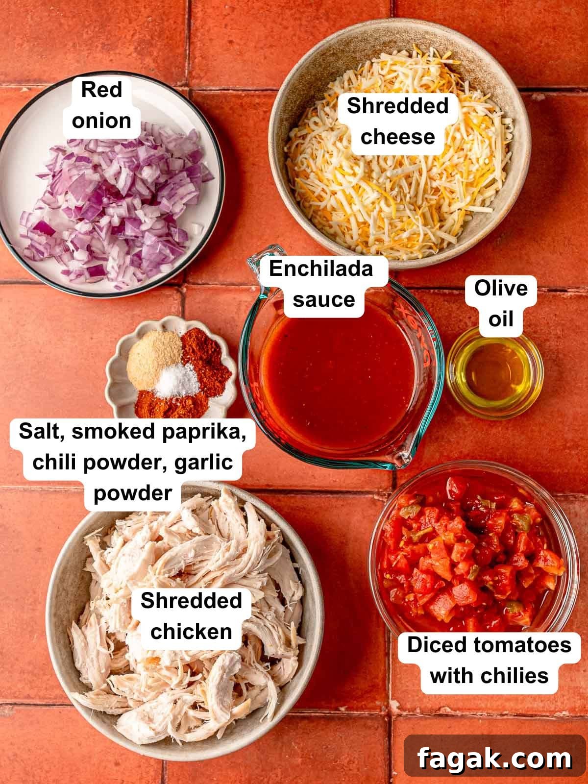 Cheesy Baked Chicken Enchilada Dip Without Cream Cheese 3 A flat lay of ingredients for chicken enchilada dip.