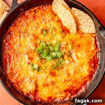 Cheesy Baked Chicken Enchilada Dip Without Cream Cheese 9 Skillet filled with creamy chicken enchilada dip topped with melted cheese, garnished with chopped scallions, and surrounded by tortilla chips.