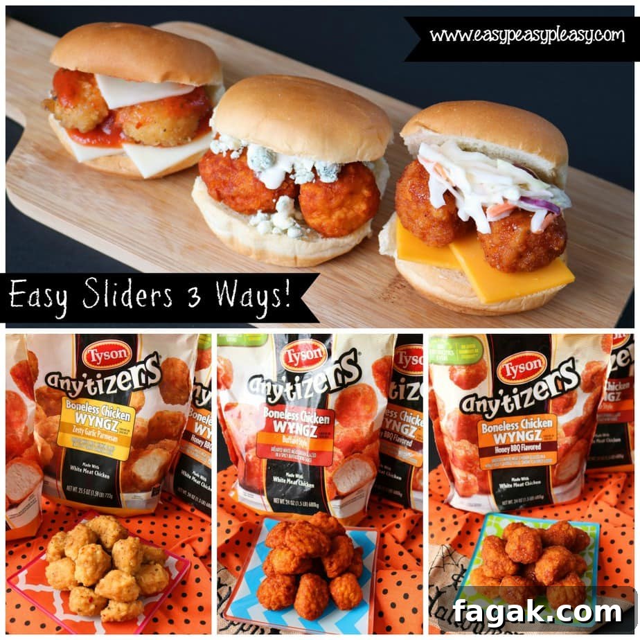 Try these easy sliders 3 ways using Tyson Anytizers. Chicken Parmesan Slider, Buffalo Chicken Slider, BBQ Chicken Slider