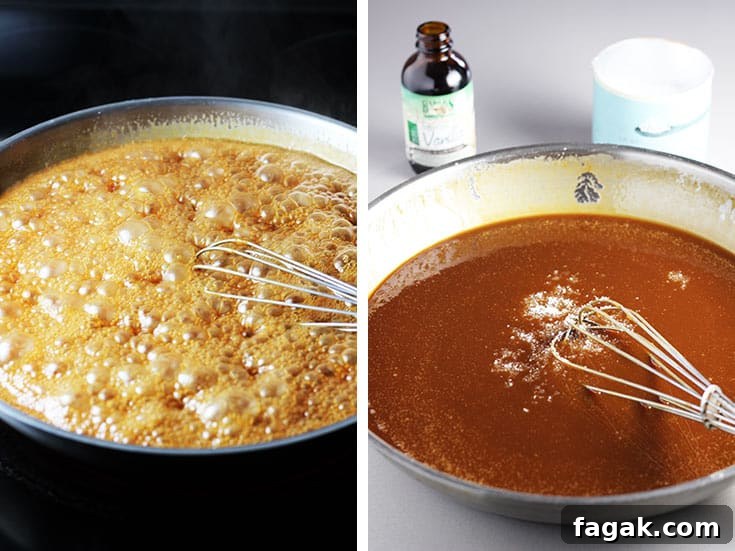 Homemade caramel cooking in a pan, and off the heat with fleur de sel being stirred in