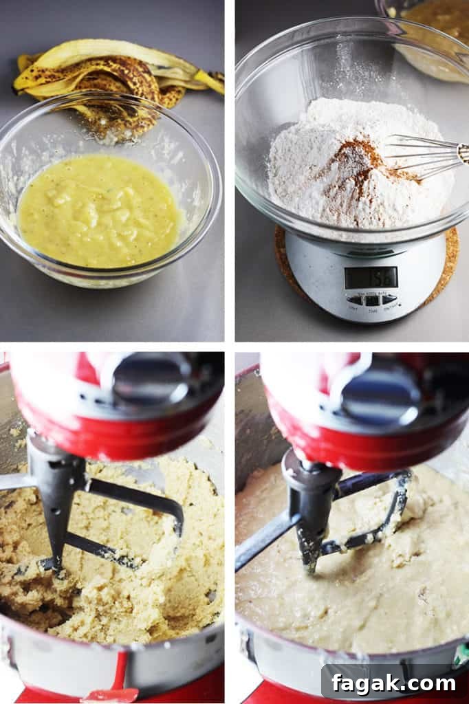 Mashed bananas in a bowl, flour and other dry ingredients in a bowl on a scale, butter and sugar being creamed in a stand mixer, completed banana cake bather in a stand mixer