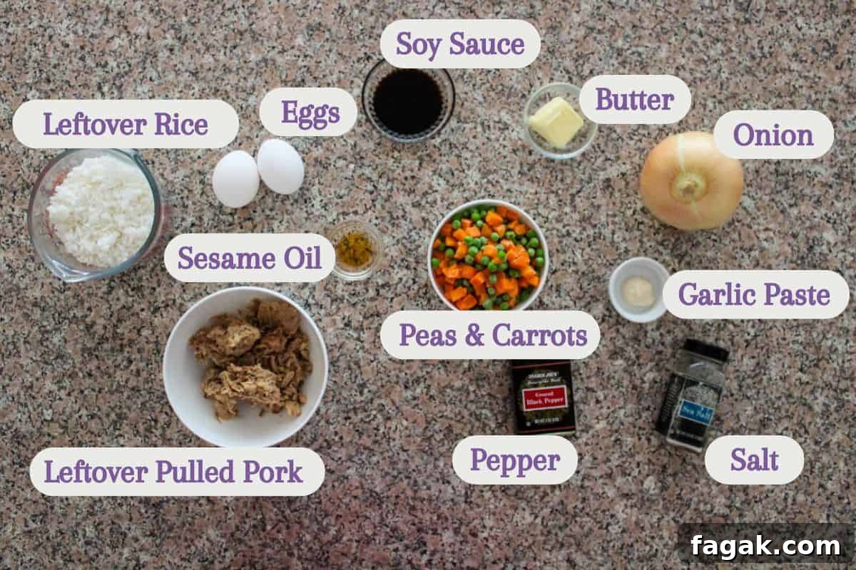 Labeled ingredients on a kitchen counter: leftover rice, eggs, soy sauce, butter, onion, sesame oil, peas and carrots, garlic paste, leftover pulled pork, salt, and pepper.