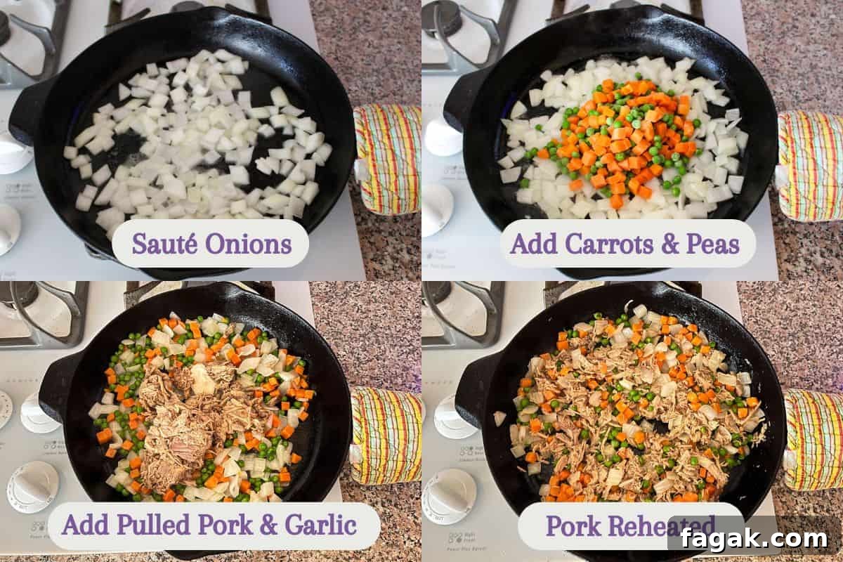 Four-step cooking process showing onions, vegetables, pulled pork with garlic, and reheated pork in a skillet.