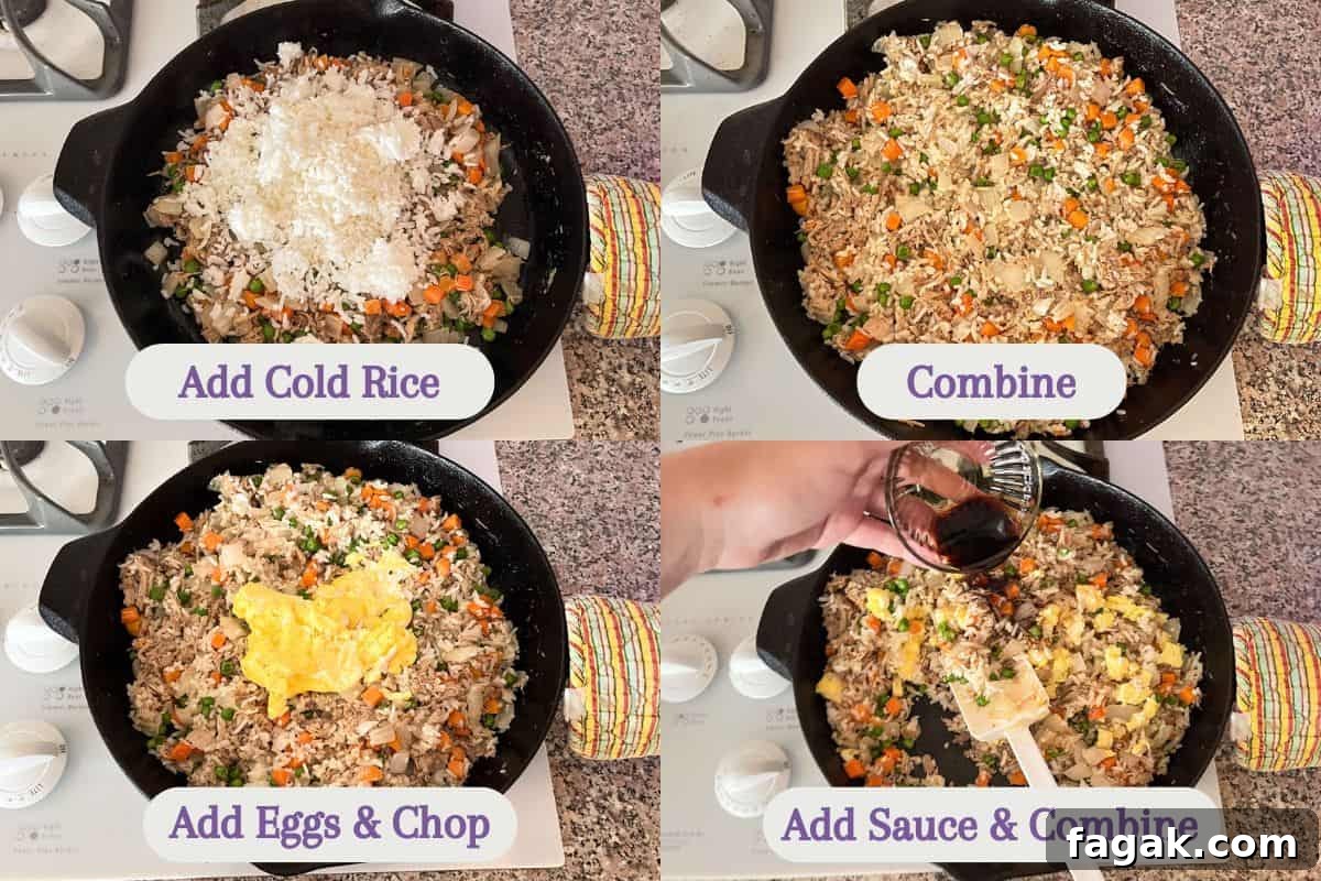 Four-step cooking process showing cold rice being added, combined with ingredients, eggs added, and sauce poured.