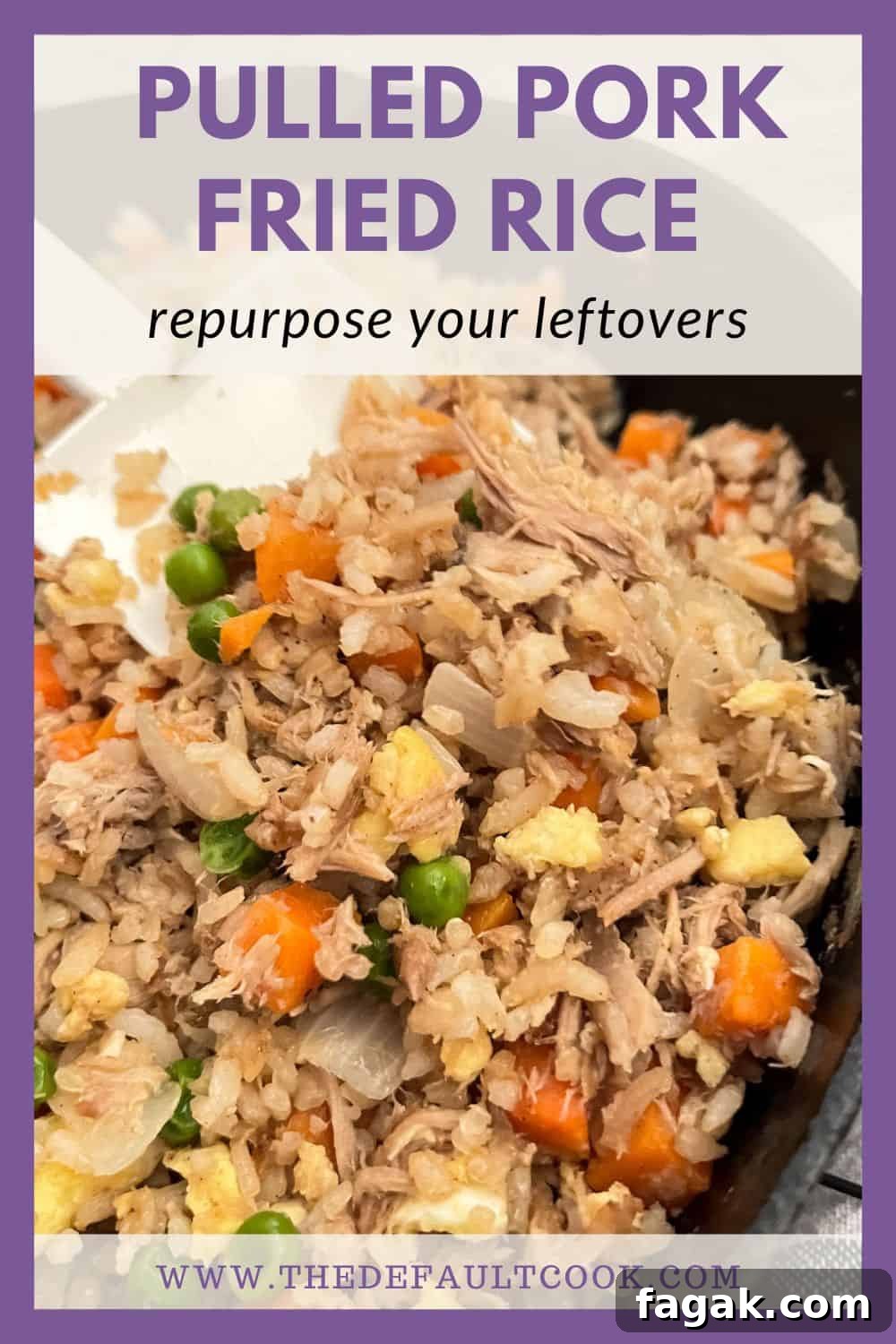 A close up image of pulled pork fried rice being served with a white utensil with text overlay reading "pulled pork fried rice" and "repurpose your leftovers".