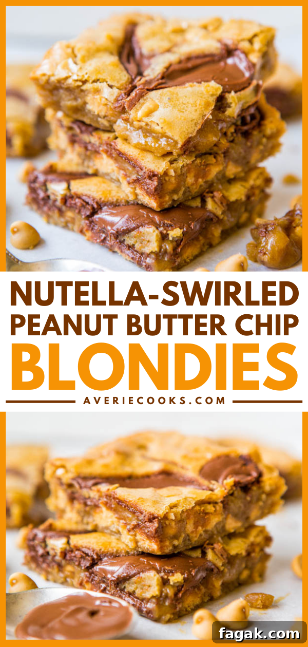 Stack of peanut butter chocolate chip blondies on a white surface.