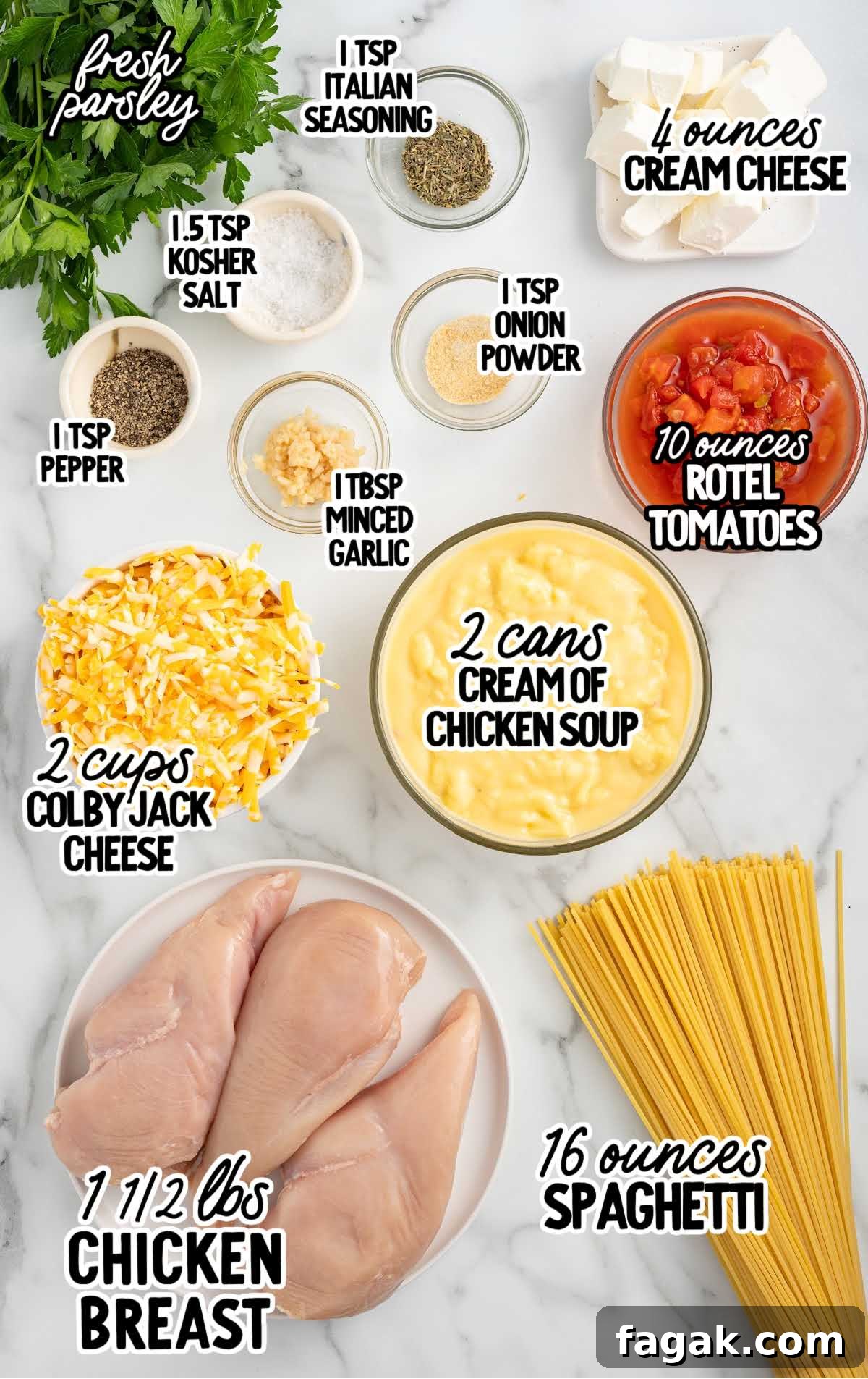 Slow Cooker Chicken Spaghetti raw ingredients that are labeled