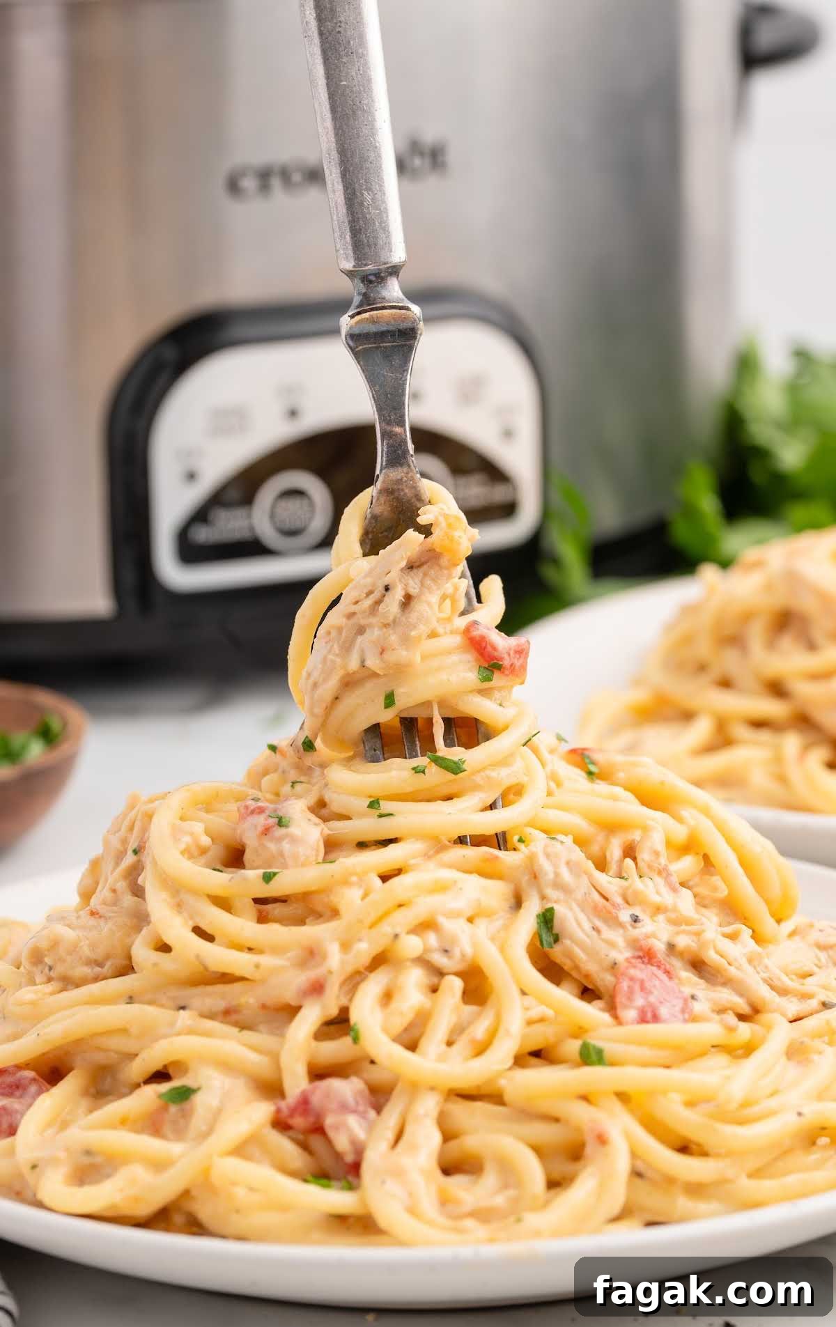 a plate of Chicken Spaghetti with a fork