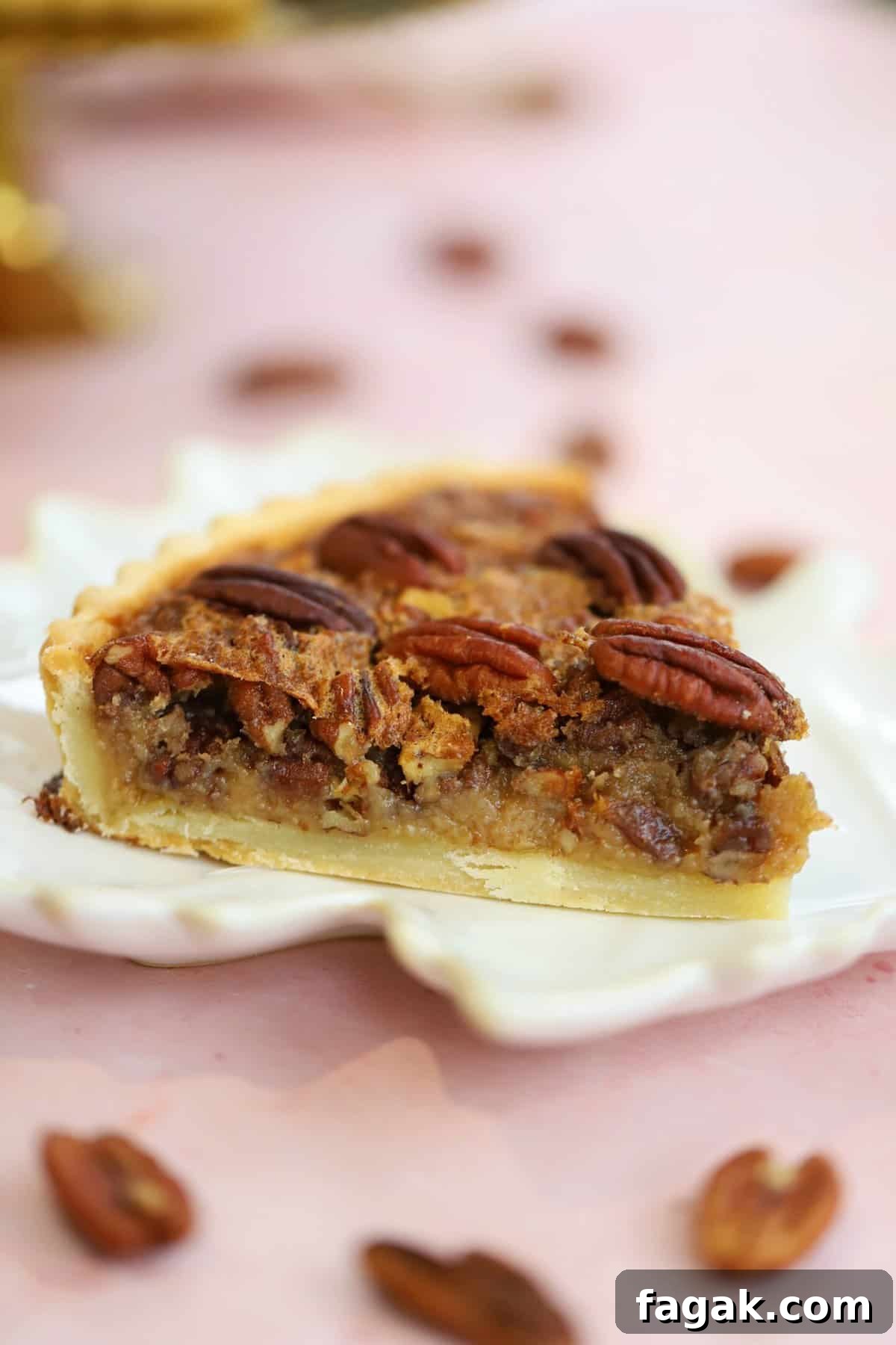 A slice of gluten free pecan pie.