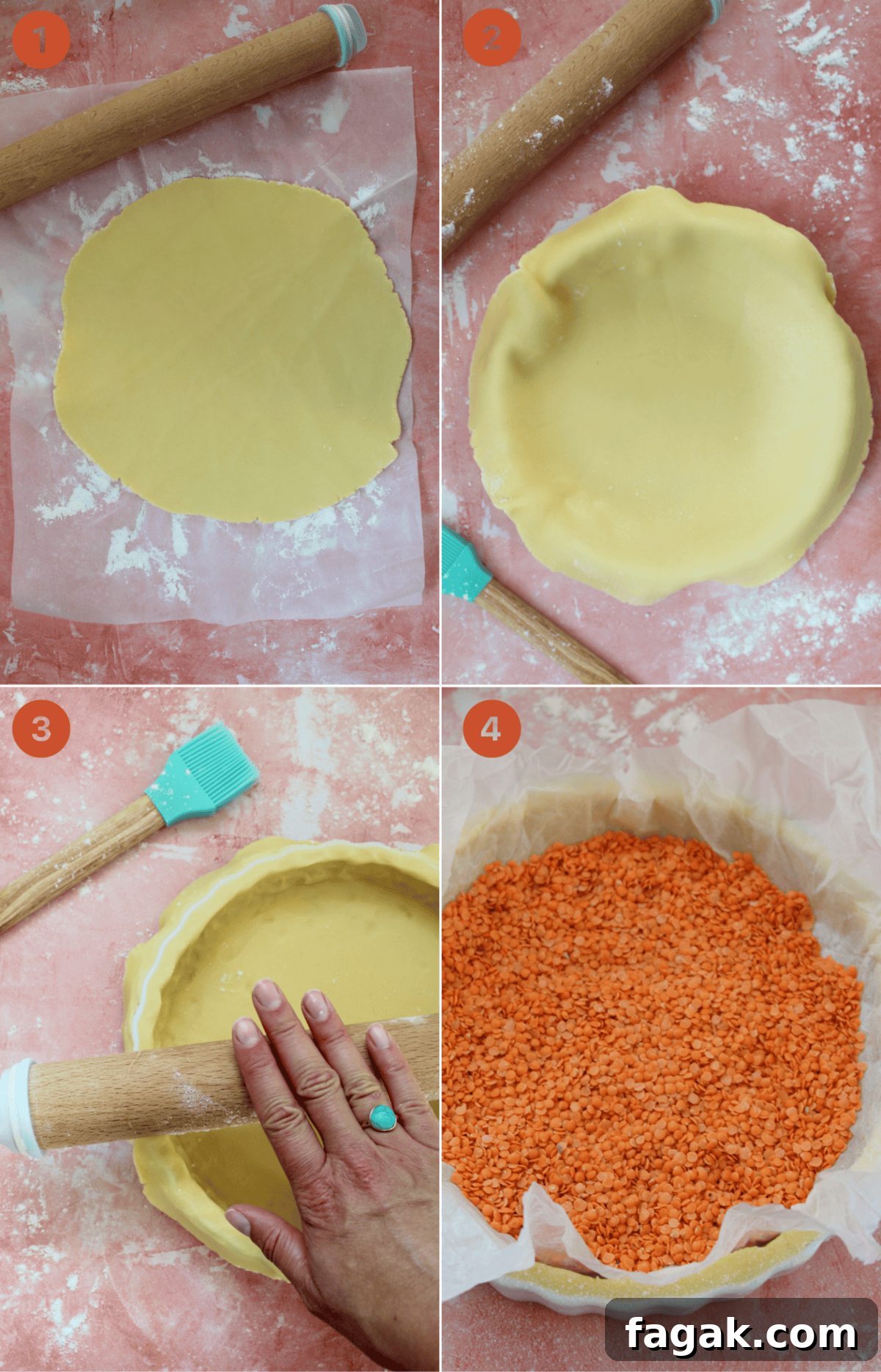 Recipe steps showing how to blind bake gluten free pastry for pecan pie.