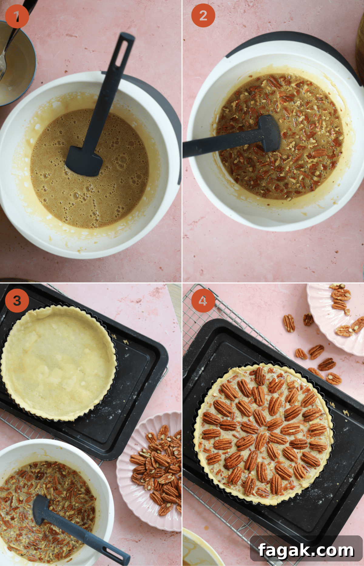 Recipe steps showing how to make a pecan pie filling and the finished pie before baking.