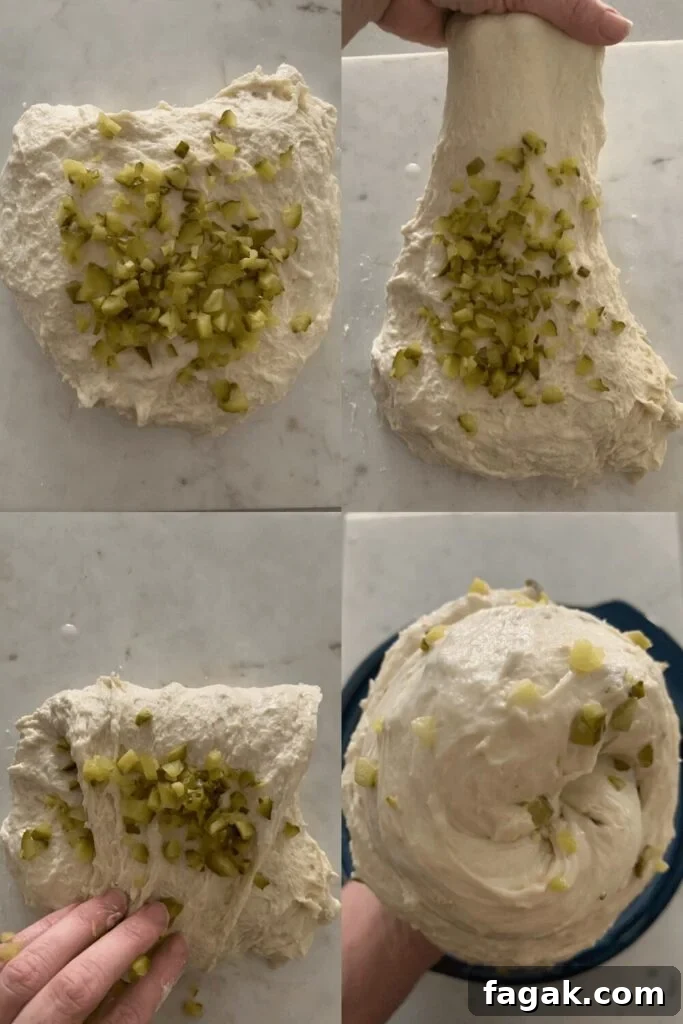 Diced pickles added to dough