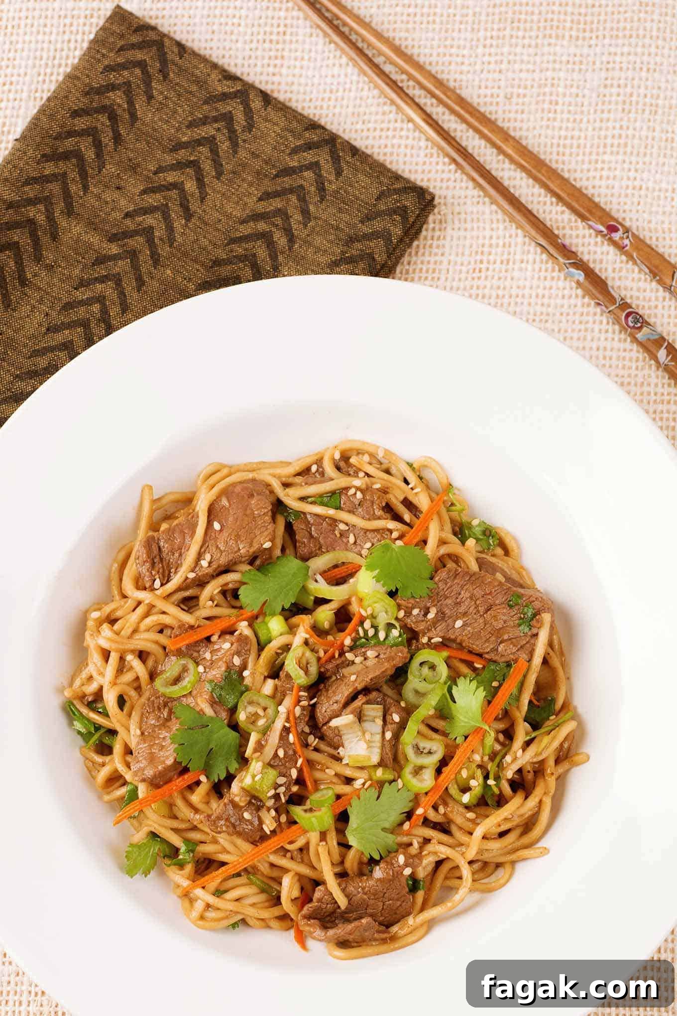 An overhead view of a plate of lo mein noodles tossed with stir-fried flank steak, shredded carrot, scallions, ginger, and garlic in a five-spice hoisin sauce.
