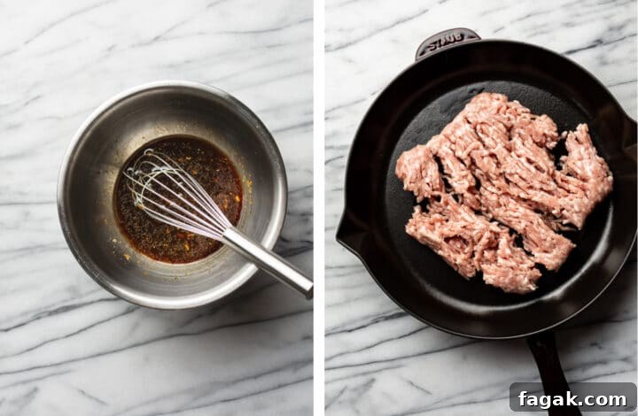 whisking sauce and browning meat in a skillet for egg roll in a bowl