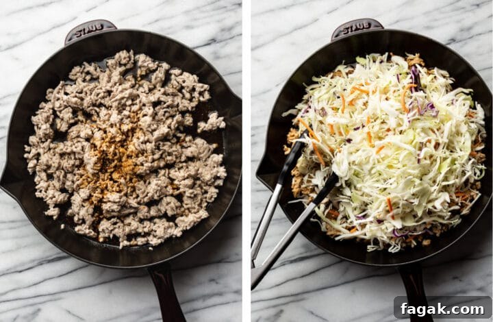 adding in seasonings and cabbage to a skillet for egg roll in a bowl