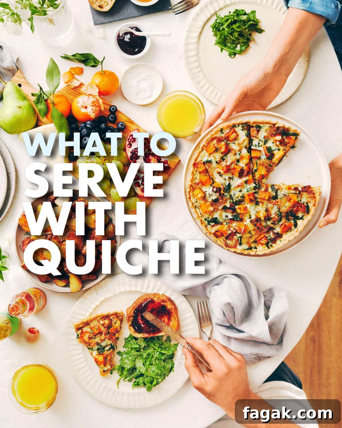 Quiche on a dining table with brunch sides.