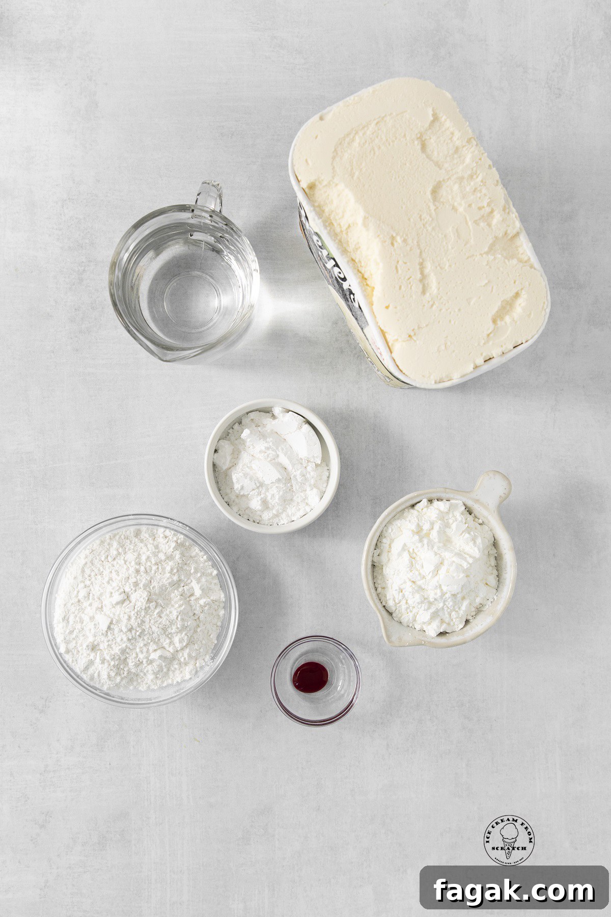 The ingredients needed to make mochi: ice cream, powdered sugar, glutinous rice flour, and food coloring.