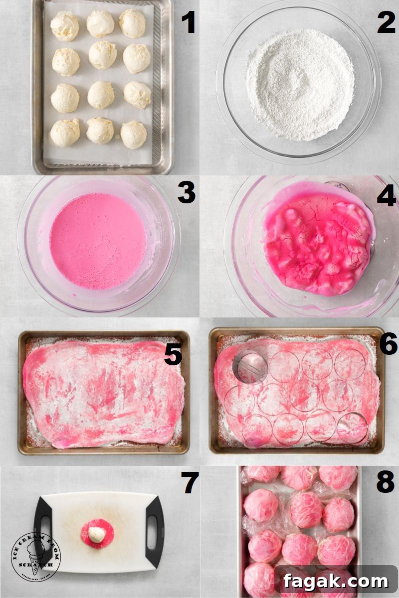 a collage of 8 images showing how to make ice cream mochi from scratch