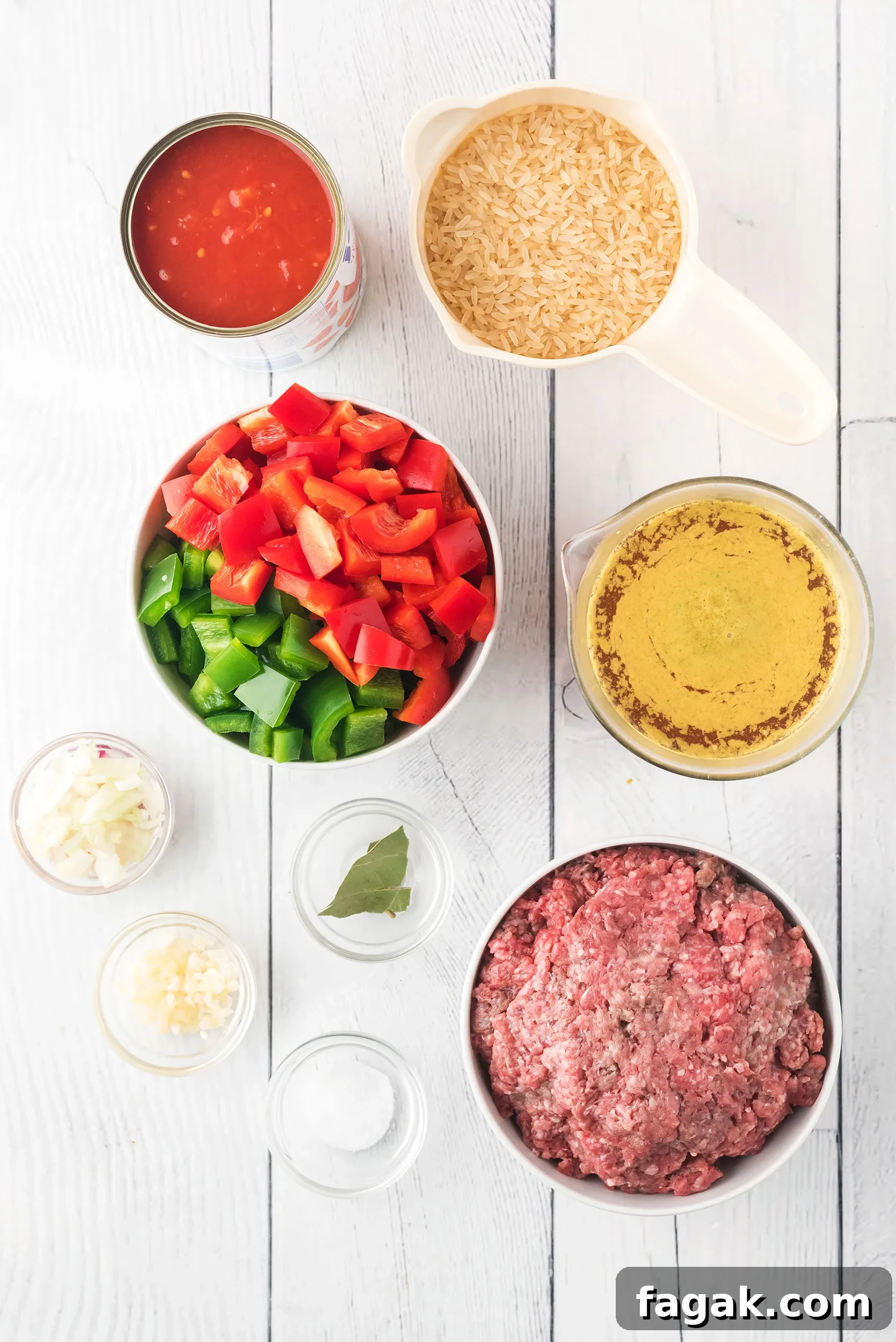 small bowls filled with the ingredients for this easy stuffed pepper soup recipe