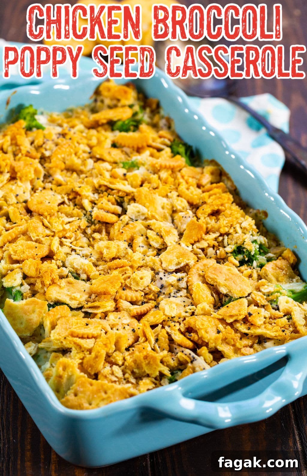 Chicken Broccoli Poppy Seed Casserole in blue baking dish.