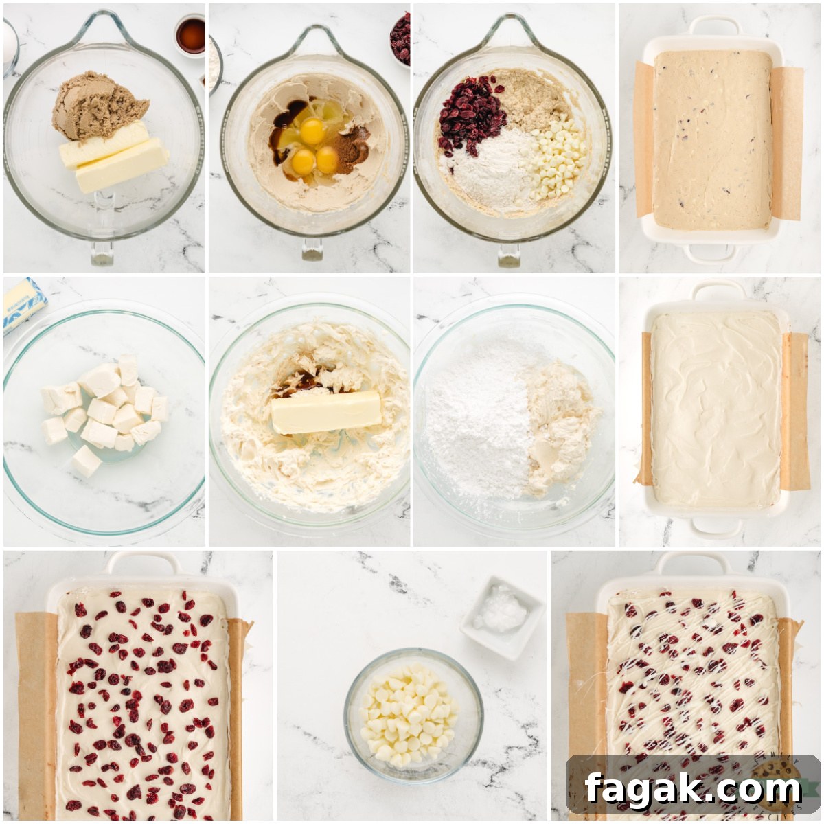 White Chocolate Cranberry Cookie Bars Recipe for Holiday Baking 5 Step by step ingredients on how to make White Chocolate Cranberry Cookie Bars recipe.