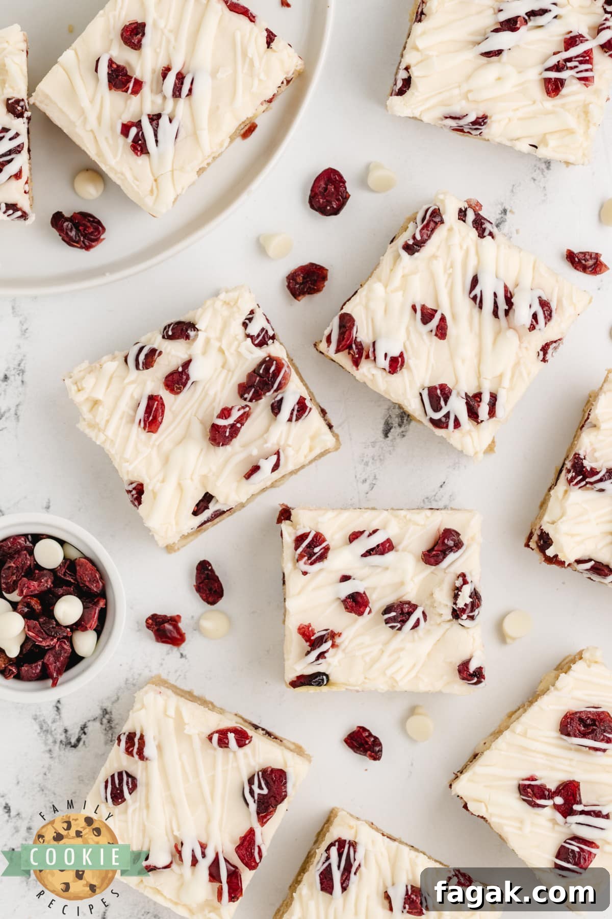 White Chocolate Cranberry Cookie Bars Recipe for Holiday Baking 8 White Chocolate Cranberry Cookie Bars are soft, chewy, and covered with cream cheese frosting and a white chocolate drizzle. This is a fantastic cookie bar recipe that is perfect for fall!