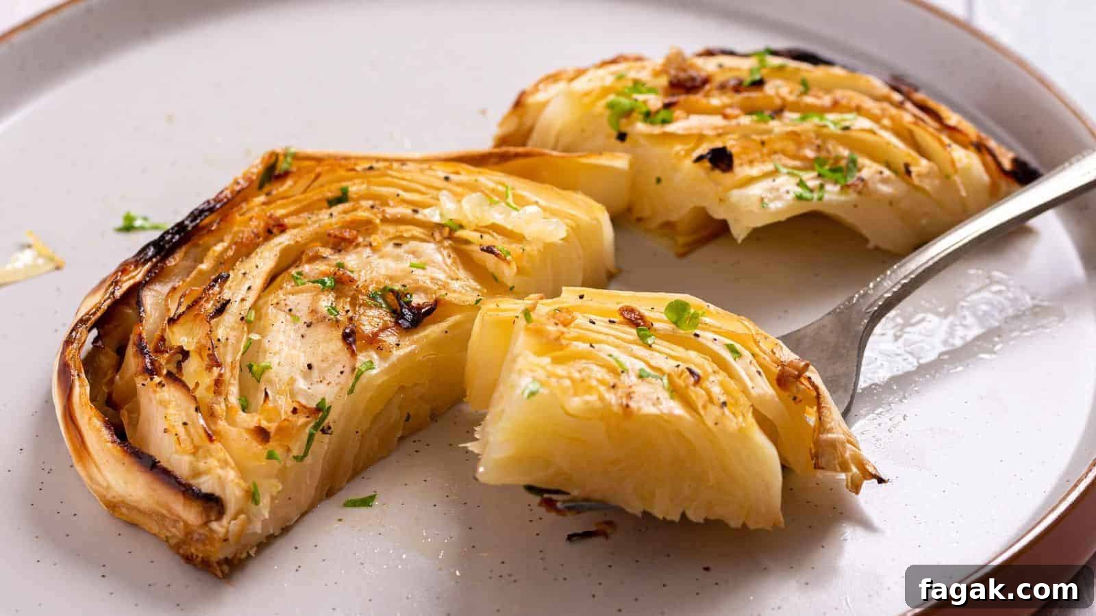 Grilled cabbage wedge on a plate, partially cut, with a fork and sprinkled with herbs.