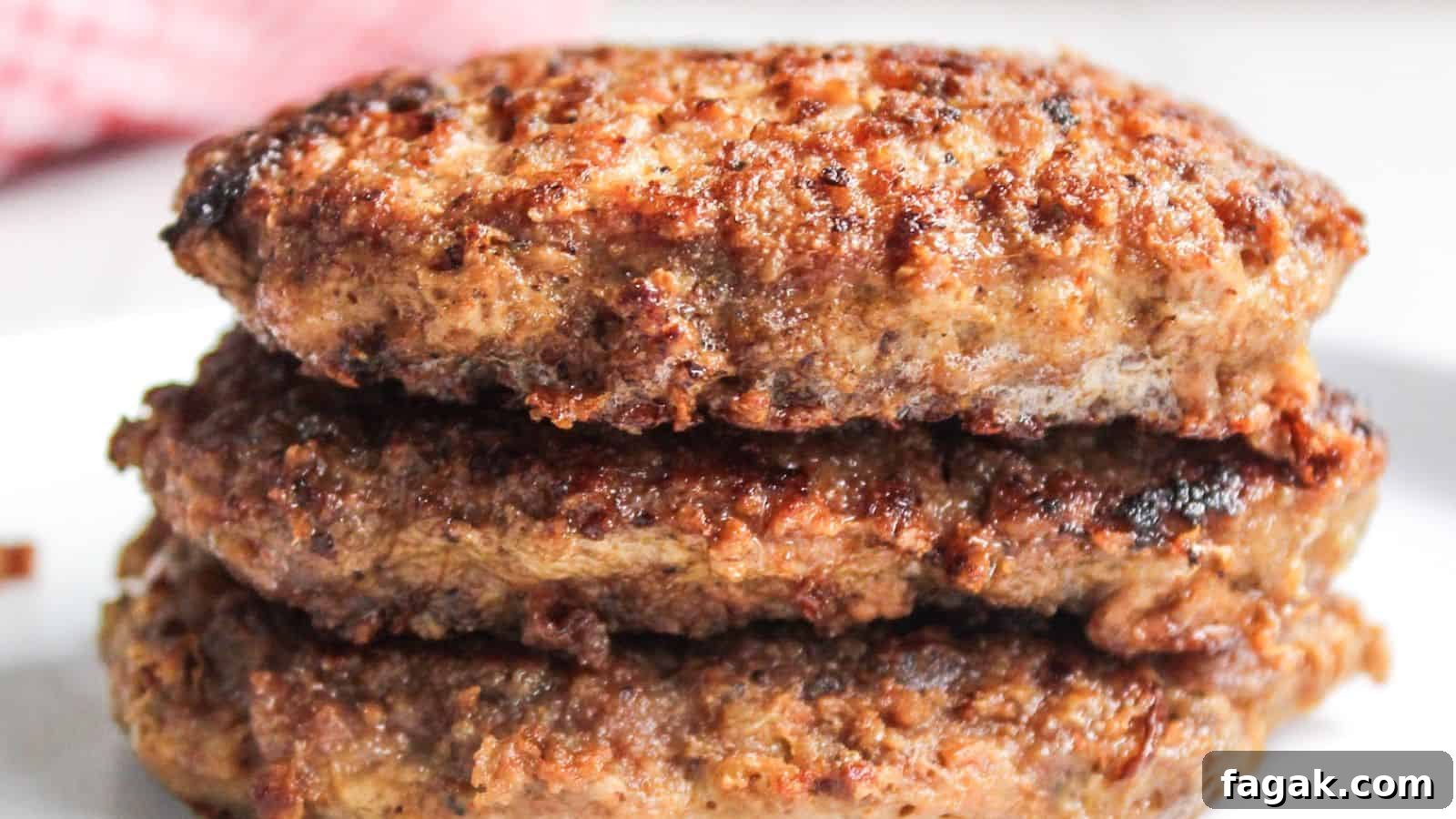 Close-up of  grilled pork burger patties stacked on a white plate.