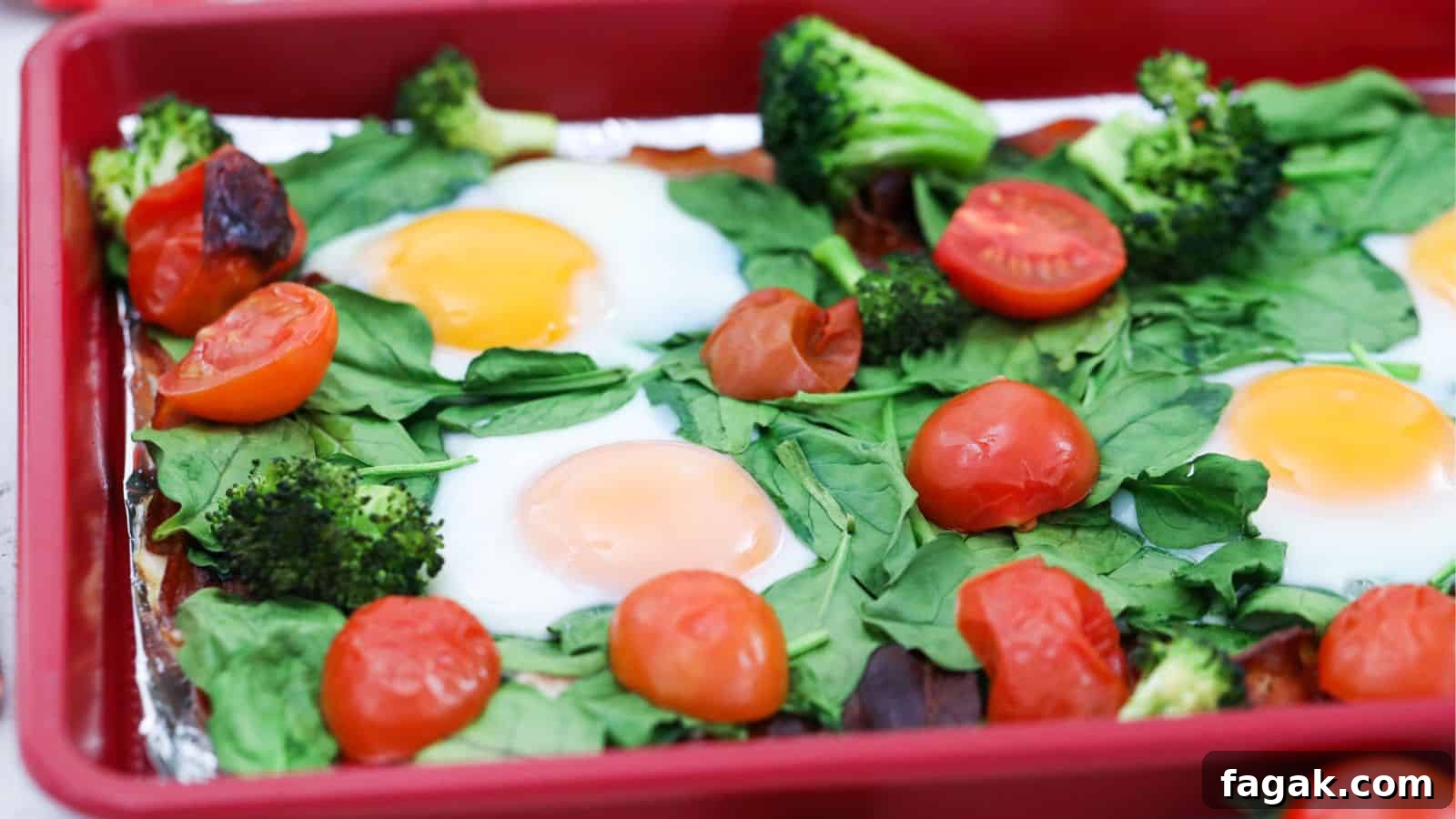Sheet pan with cooked eggs, spinach, tomatoes, broccoli, and bacon.