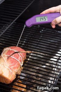 a meat thermometer checking smoked pork loin roast on the grill