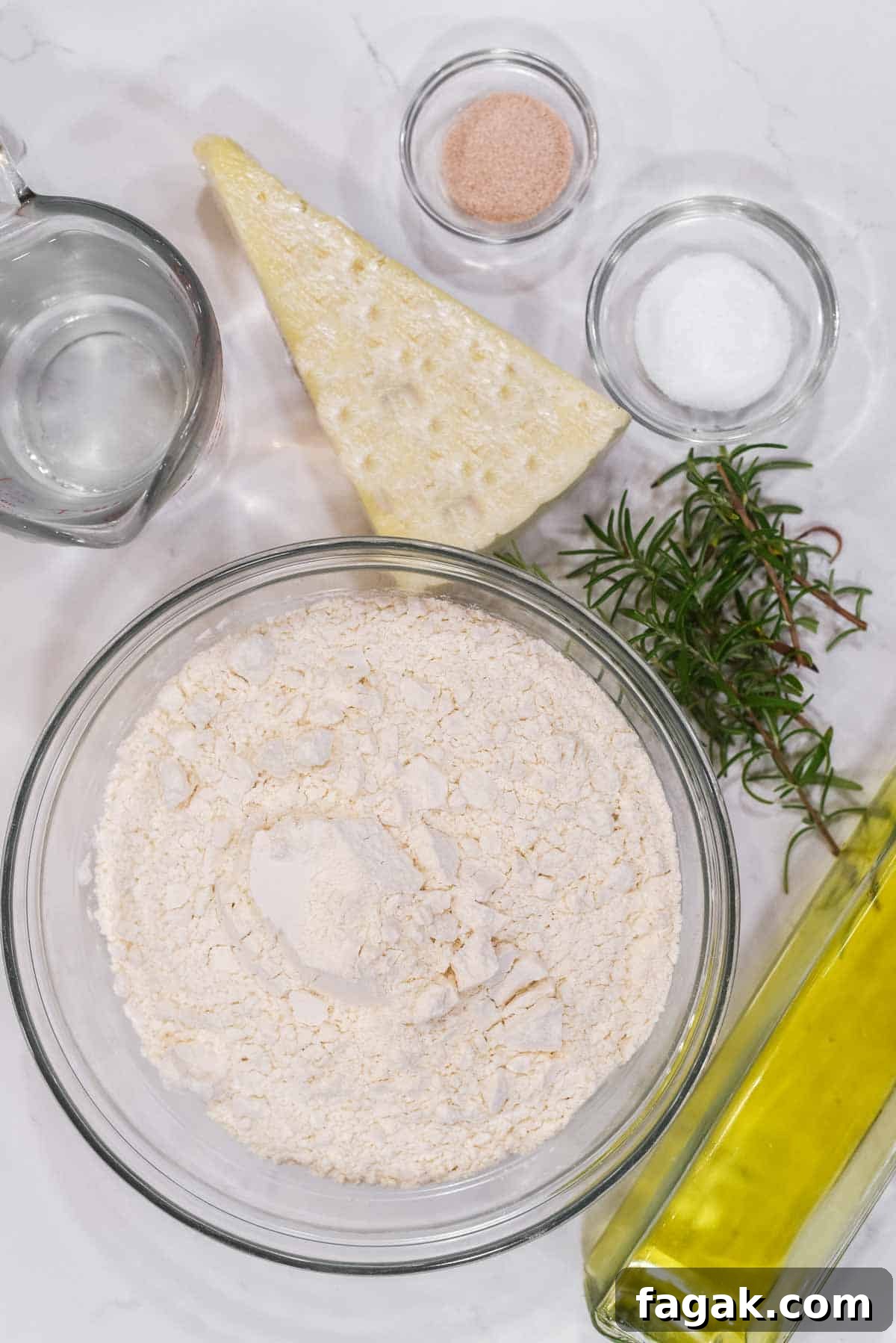 overhead shot of ingredients for rosemary parmesan bread
