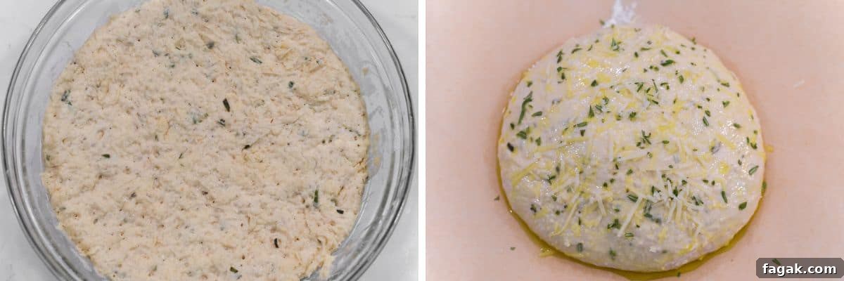 process shots of letting dough rise overnight before brushing with oil and topping with some Parmesan and rosemary