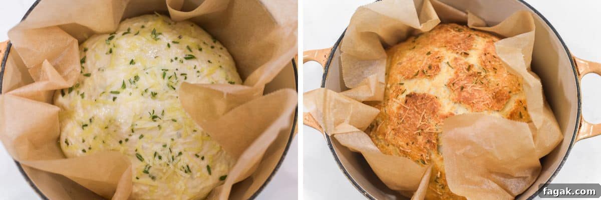 process shots of adding dough to Dutch Oven and baking