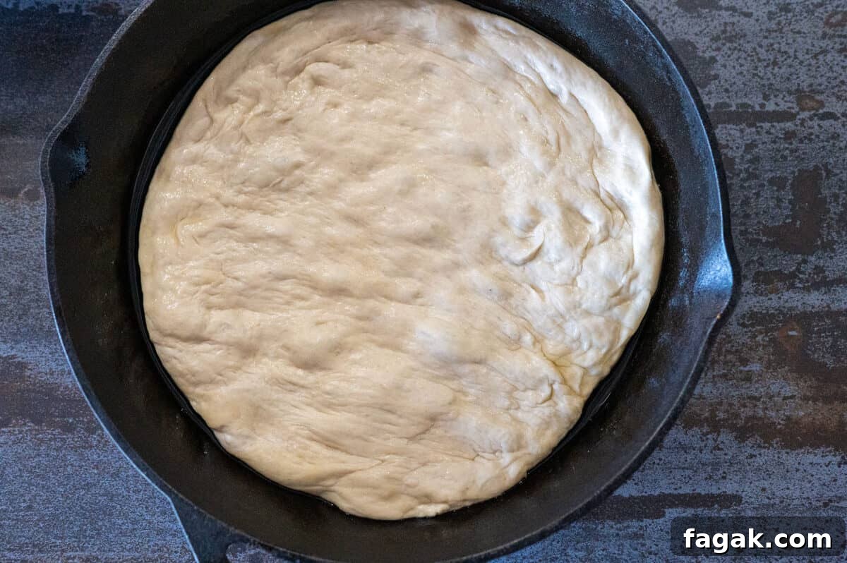 stretched pizza dough in skillet.