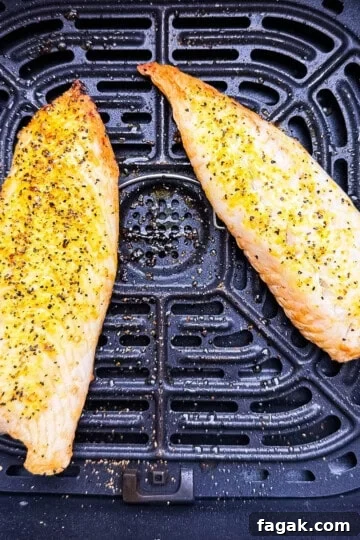 Perfectly cooked air fryer tilapia with no breading in the air fryer basket.
