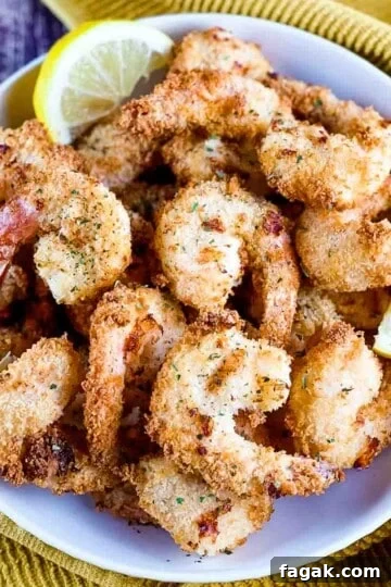Crispy golden brown shrimp tempura in a white bowl with lemon slices, and a yellow napkin in the background.