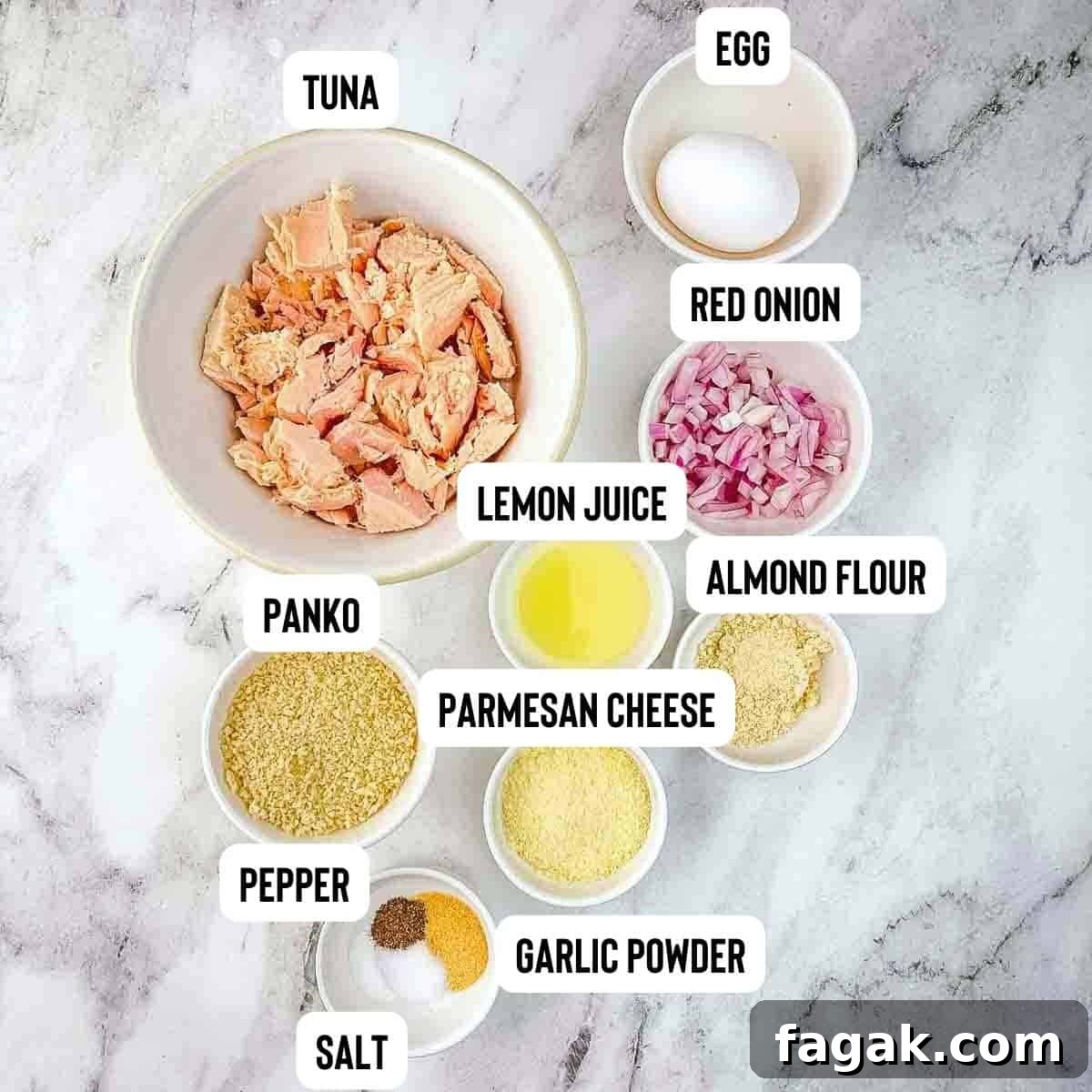 Ingredients for air fryer tuna patties measured out and placed on a white counter.