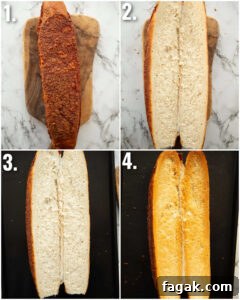 4 step by step photos showing how to toast a baguette