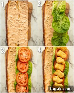 4 step by step photos showing how to make a chicken nugget sandwich