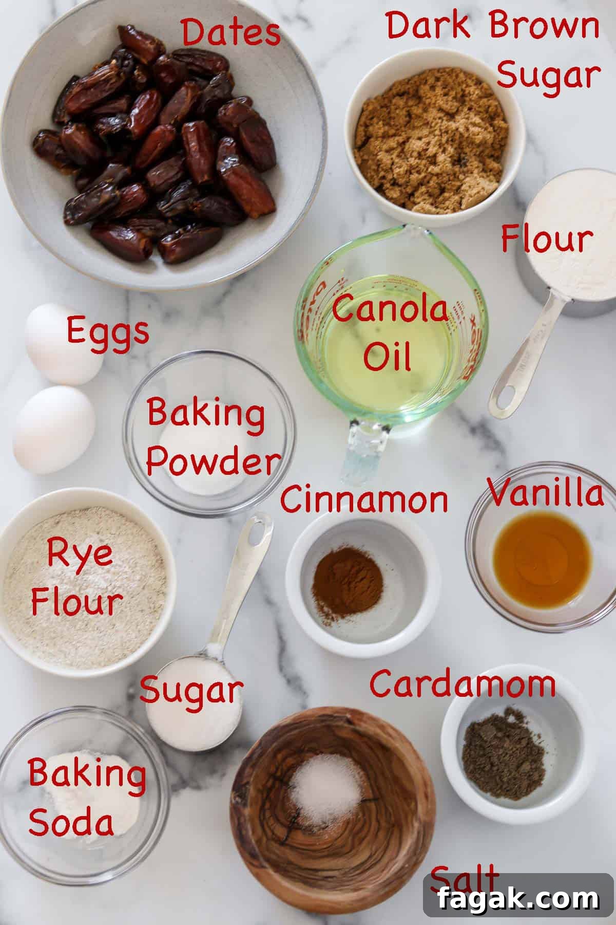Labeled ingredients for Spice Cake with Dates, Rye and Salted Caramel Drizzle.
