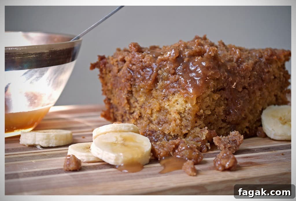 Banana Crumb Cake with Caramel Rum Sauce | OfBatterAndDough.com