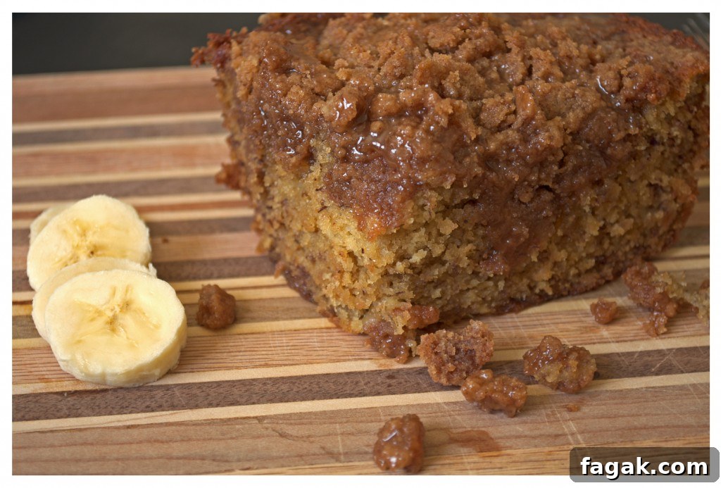 Banana Crumb Cake with Caramel Rum Sauce | OfBatterAndDough.com